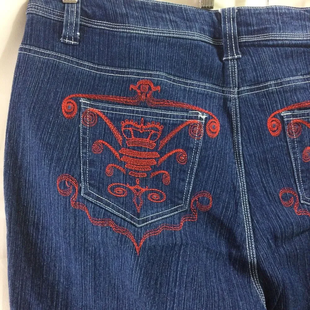 Kaxxi Kaze Vintage 90s Bootcut Jeans Red Embroidered Pockets Stretch Denim Sz 22